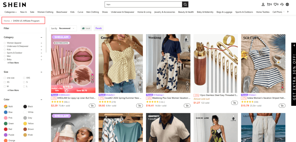 A screenshot of the website for the fashion retailer SHEIN. The page displays a catalog of various products, including clothing, makeup, and sewing accessories. There is a side menu with filters for categories, sizes, and colors, and a search bar at the top with the term "tops". Several items have "New Arrivals" or "Sale" badges, and include customer reviews and prices in US dollars. The website interface is visible, including the SHEIN logo and icons for the shopping cart and user account.
